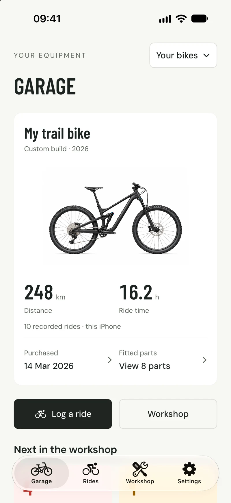 BikeDex Garage showing a trail bike, recorded distance, ride time and fitted parts