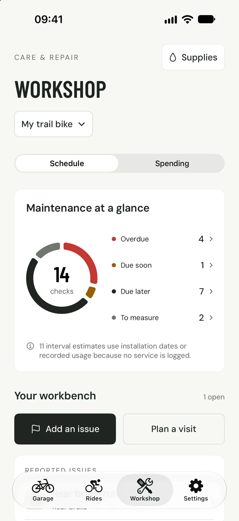 Workshop overview showing overdue, due soon, due later and unmeasured maintenance checks