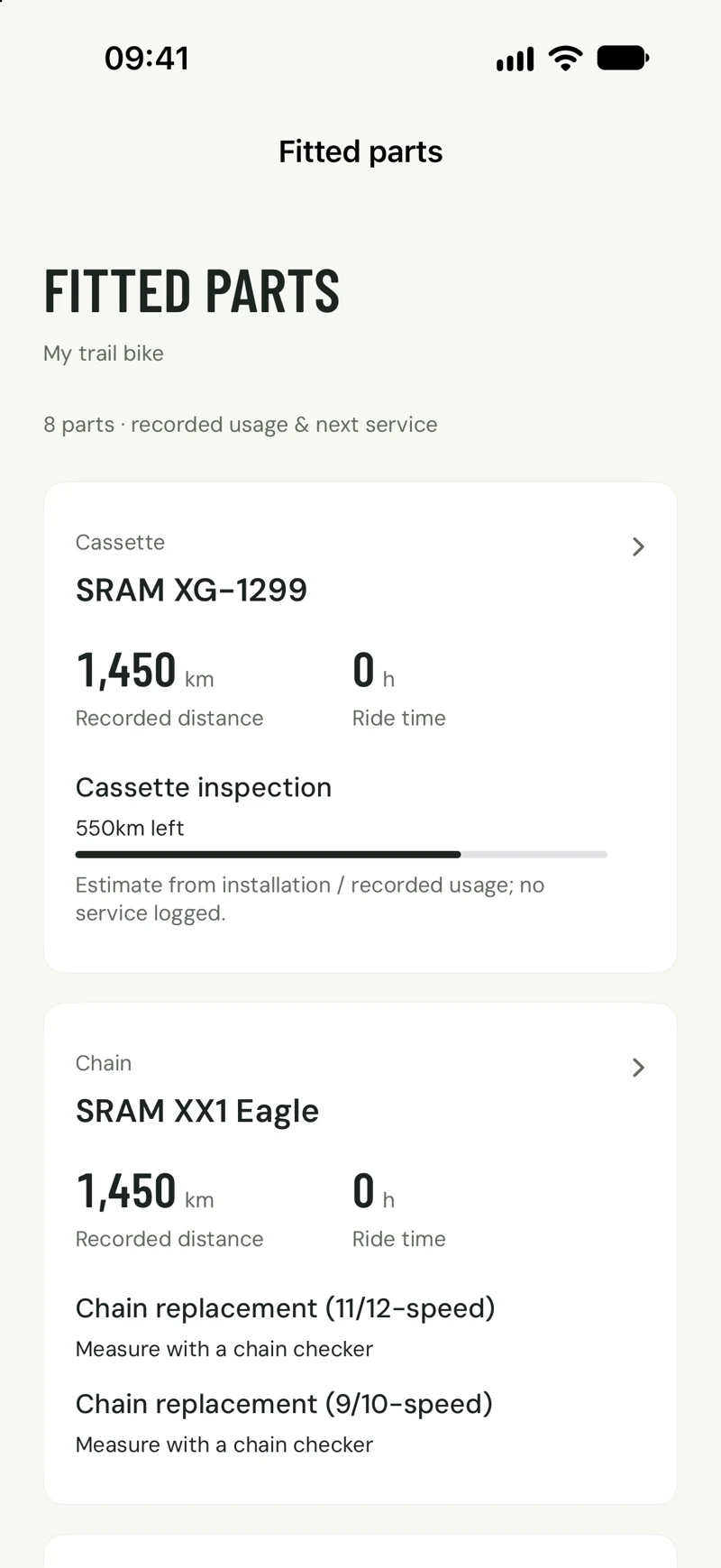 BikeDex fitted components with usage and service information