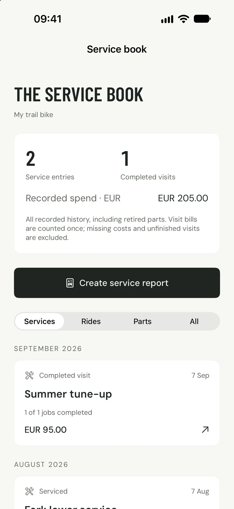BikeDex service history with completed work and service report export