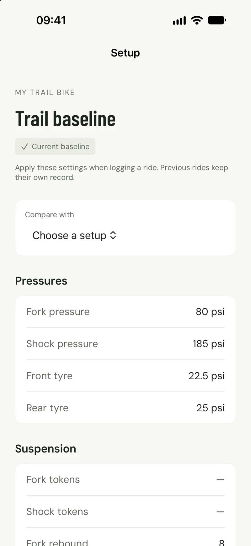 BikeDex setup notes for tyres and suspension
