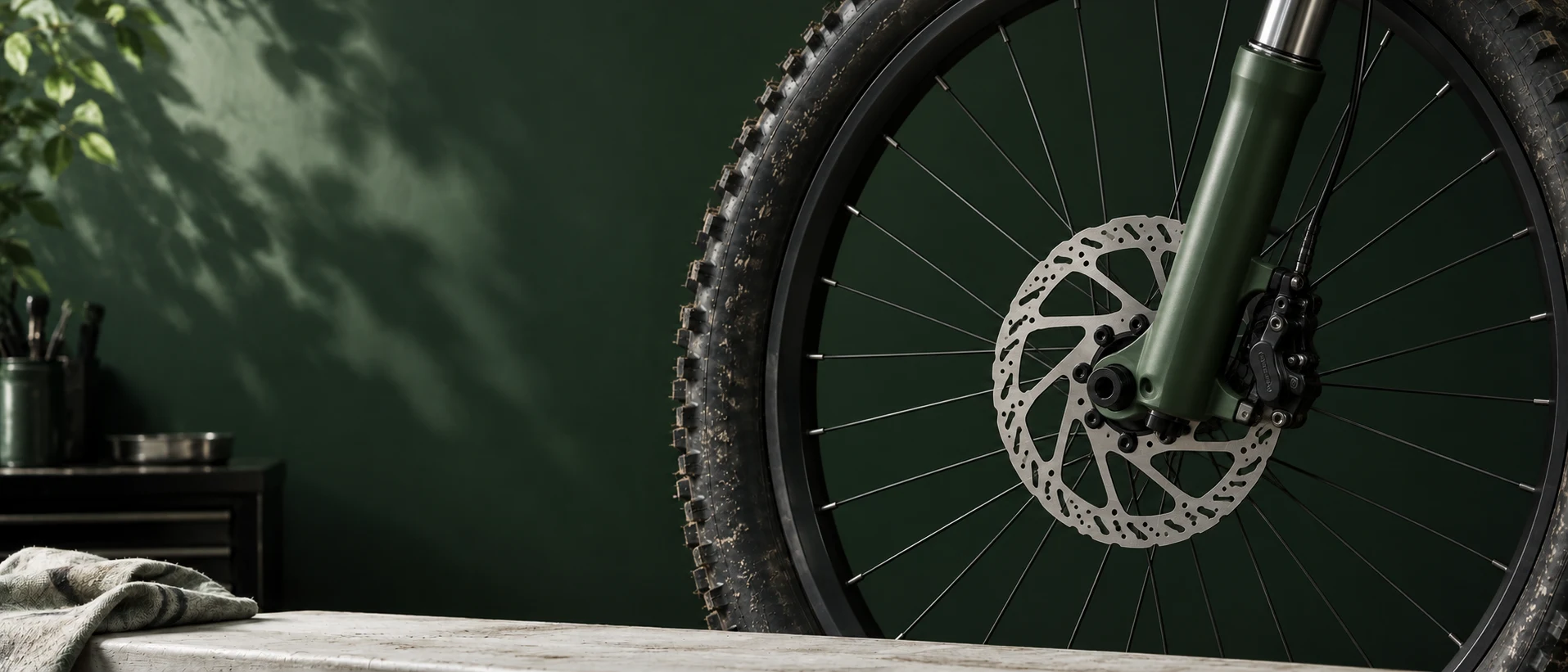 Mountain bike suspension fork and disc brake in a green workshop