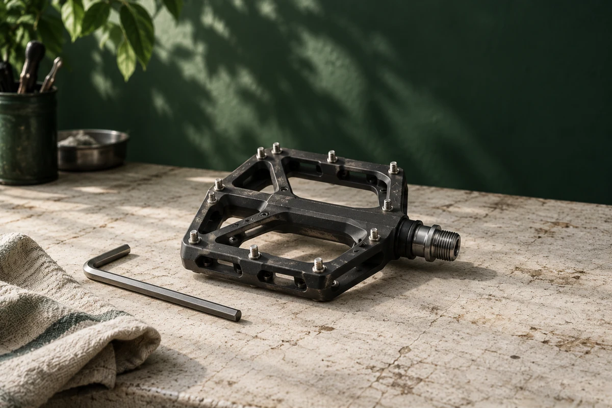 Mountain bike pedal, hex key and workshop cloth on a green workbench